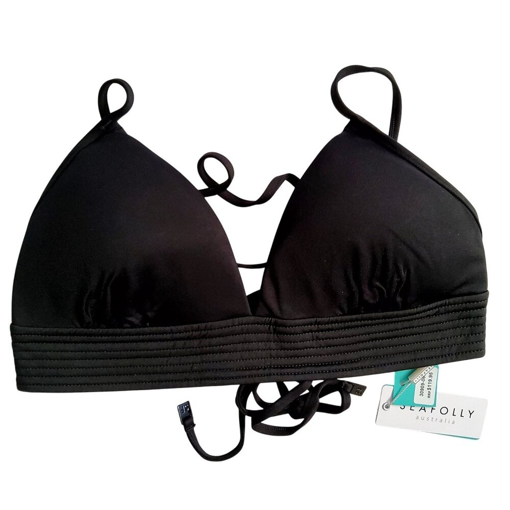 Seafolly Womens Black Bikini Bra Top  Strappy back design Size 12 Nylon Elastane